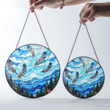 drifting feathers in mountain sky blue stained glass suncatcher gift for nature lovers