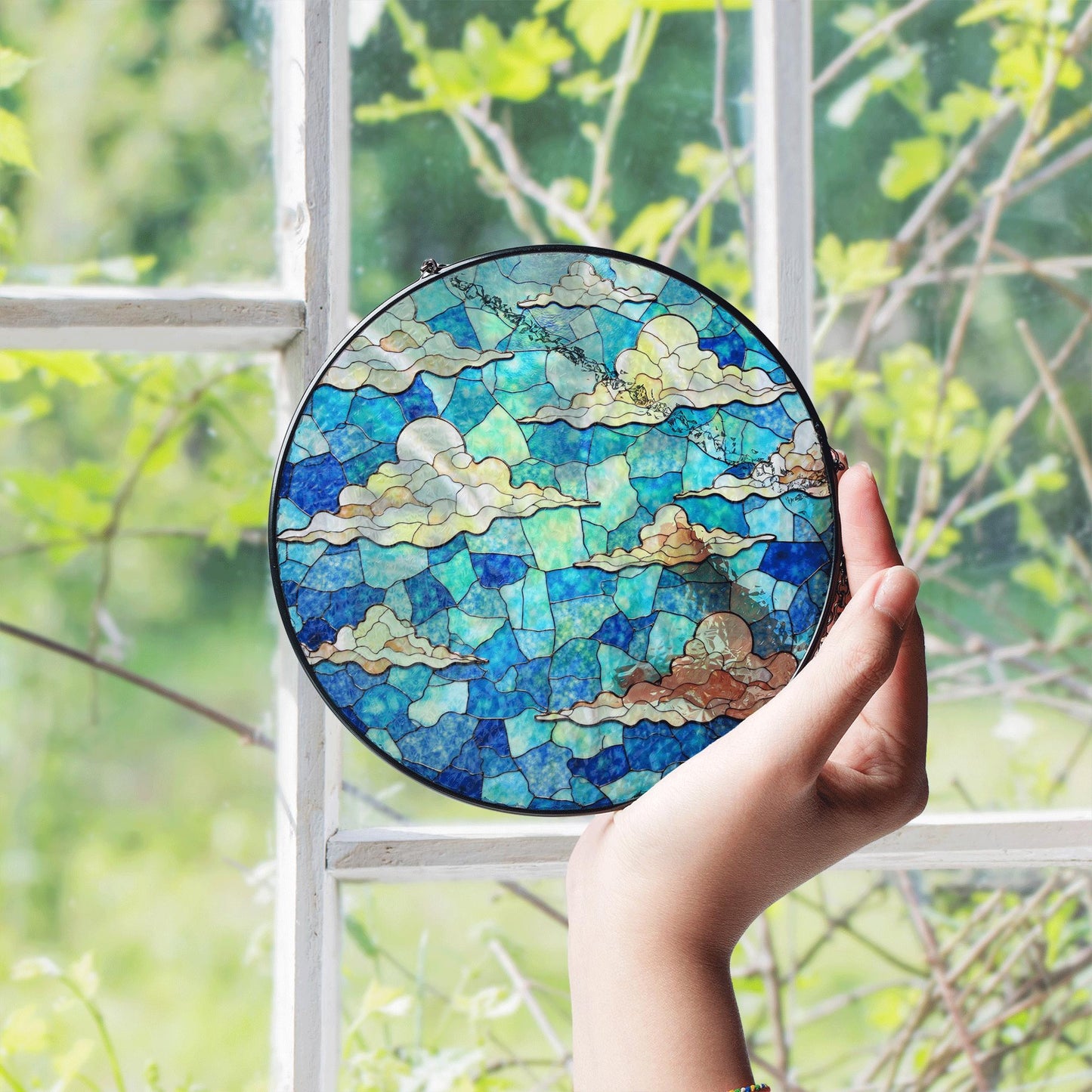Stained blue sky cloud glass suncatcher with dreamy layers of light for window decor gift for sky lovers