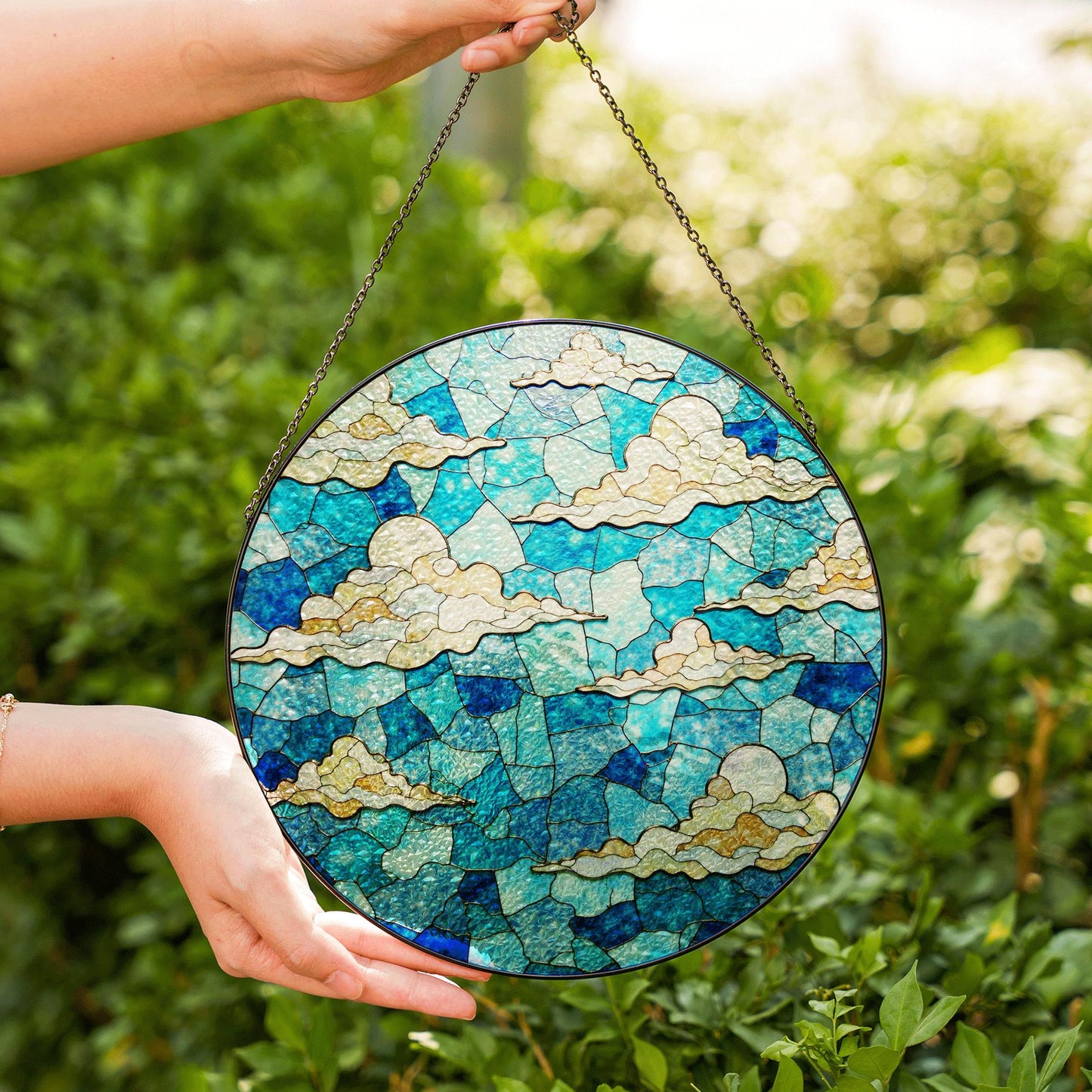 Stained blue sky cloud glass suncatcher with dreamy layers of light for window decor gift for sky lovers
