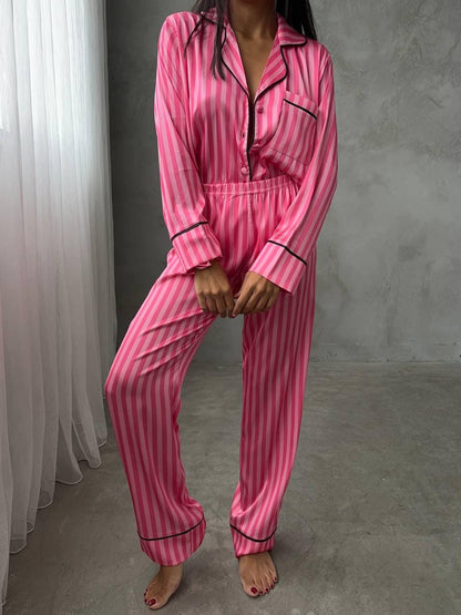 Pink Satin Pajama Set for Women – Long Sleeve Button Down Sleepwear – Striped Soft Loungewear – Luxury Gift for Her