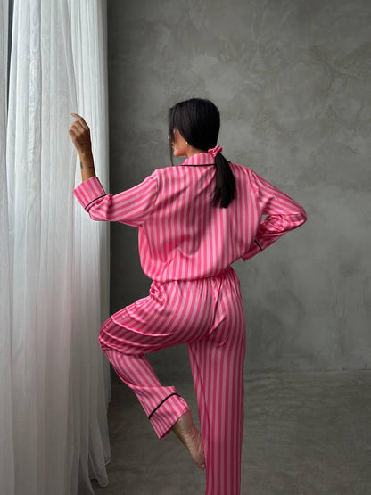 Pink Satin Pajama Set for Women – Long Sleeve Button Down Sleepwear – Striped Soft Loungewear – Luxury Gift for Her