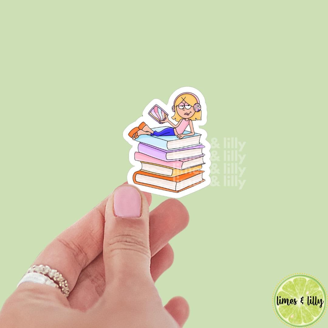 Y2K 90s Lizzie Stack of Books Cartoon Vinyl Sticker | Bookish Stickers | Kindle Stickers | Decal | Retro | Nostalgia