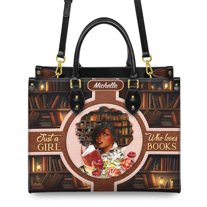 Custom Afro Girl Leather Handbag, Personalized Book Lover Purse with Cat and Flowers, Gift for Women Who Love Reading