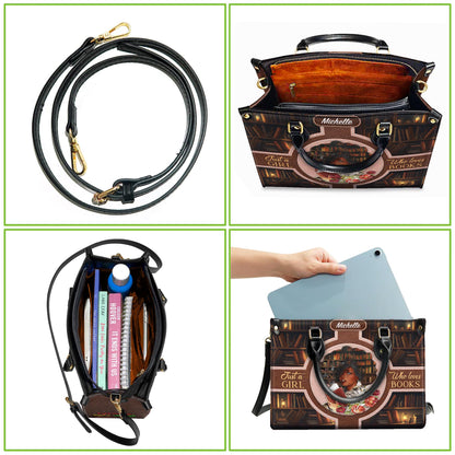 Custom Afro Girl Leather Handbag, Personalized Book Lover Purse with Cat and Flowers, Gift for Women Who Love Reading