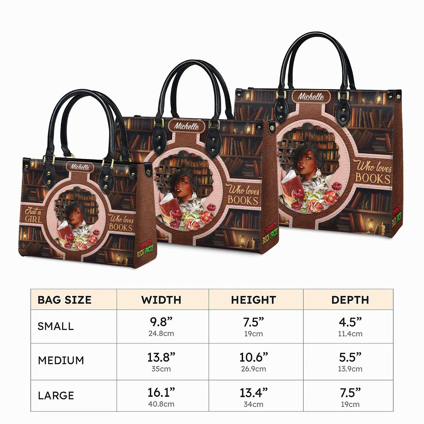 Custom Afro Girl Leather Handbag, Personalized Book Lover Purse with Cat and Flowers, Gift for Women Who Love Reading