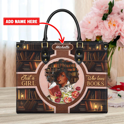 Custom Afro Girl Leather Handbag, Personalized Book Lover Purse with Cat and Flowers, Gift for Women Who Love Reading