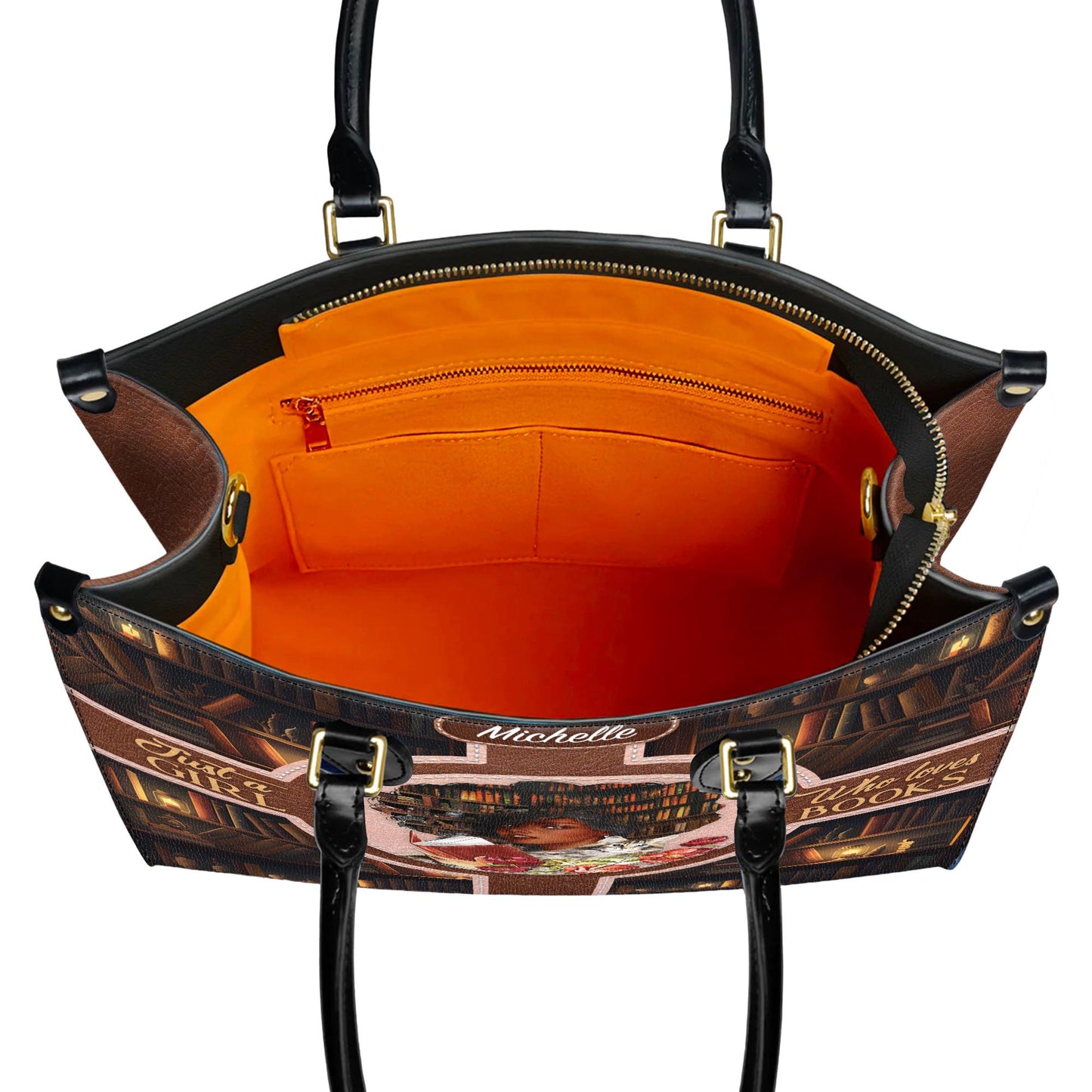 Custom Afro Girl Leather Handbag, Personalized Book Lover Purse with Cat and Flowers, Gift for Women Who Love Reading