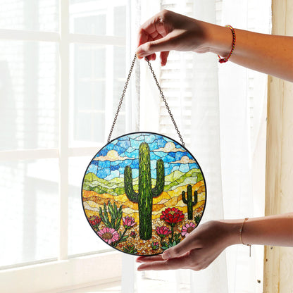 Desert cactus bloom stained glass suncatcher with wildflowers and sky gift for nature lovers