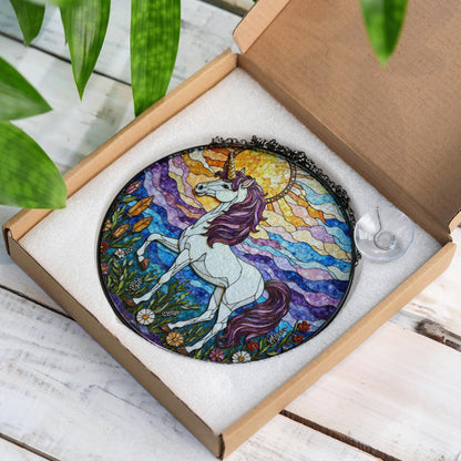 Opalescent unicorn in crystal bloom field iridescent stained glass window decor gift for fantasy lover