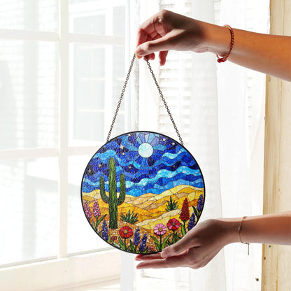 desert cactus under moon sky glass suncatcher with wildflower field boho window decor gift for nature lover