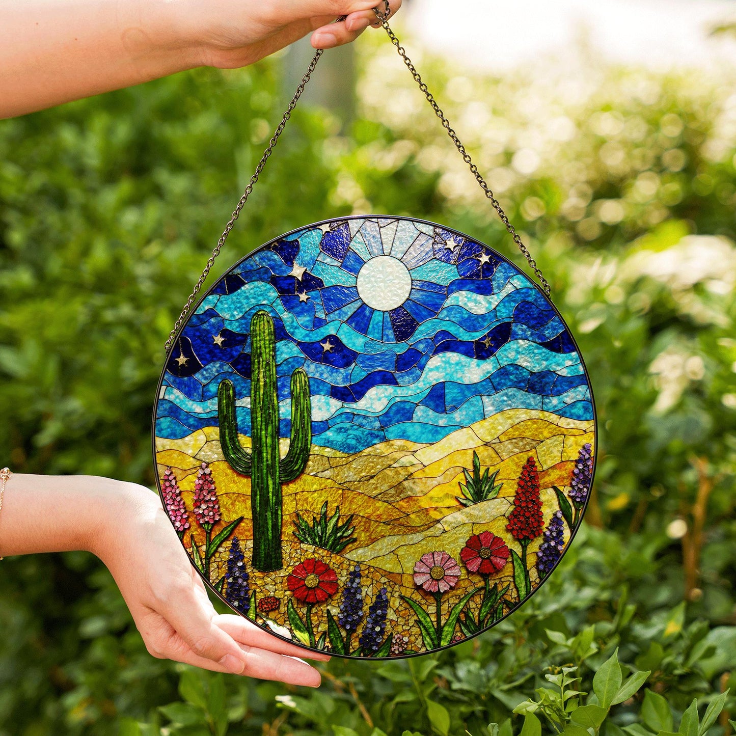 desert cactus under moon sky glass suncatcher with wildflower field boho window decor gift for nature lover