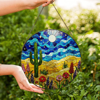 desert cactus under moon sky glass suncatcher with wildflower field boho window decor gift for nature lover