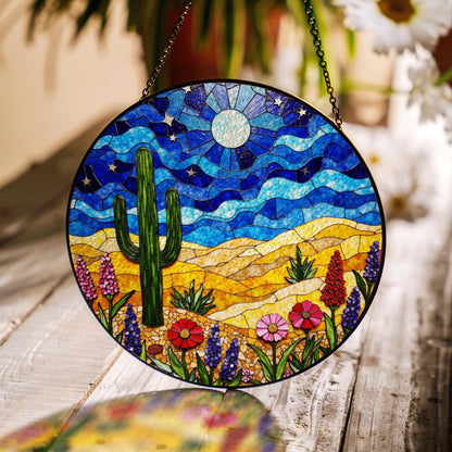 desert cactus under moon sky glass suncatcher with wildflower field boho window decor gift for nature lover