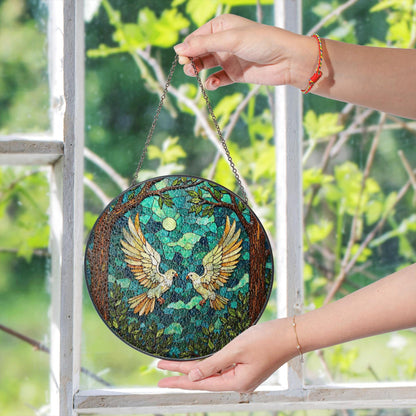 moonlit forest doves stained glass style round suncatcher bird art window decor gift for bird lovers