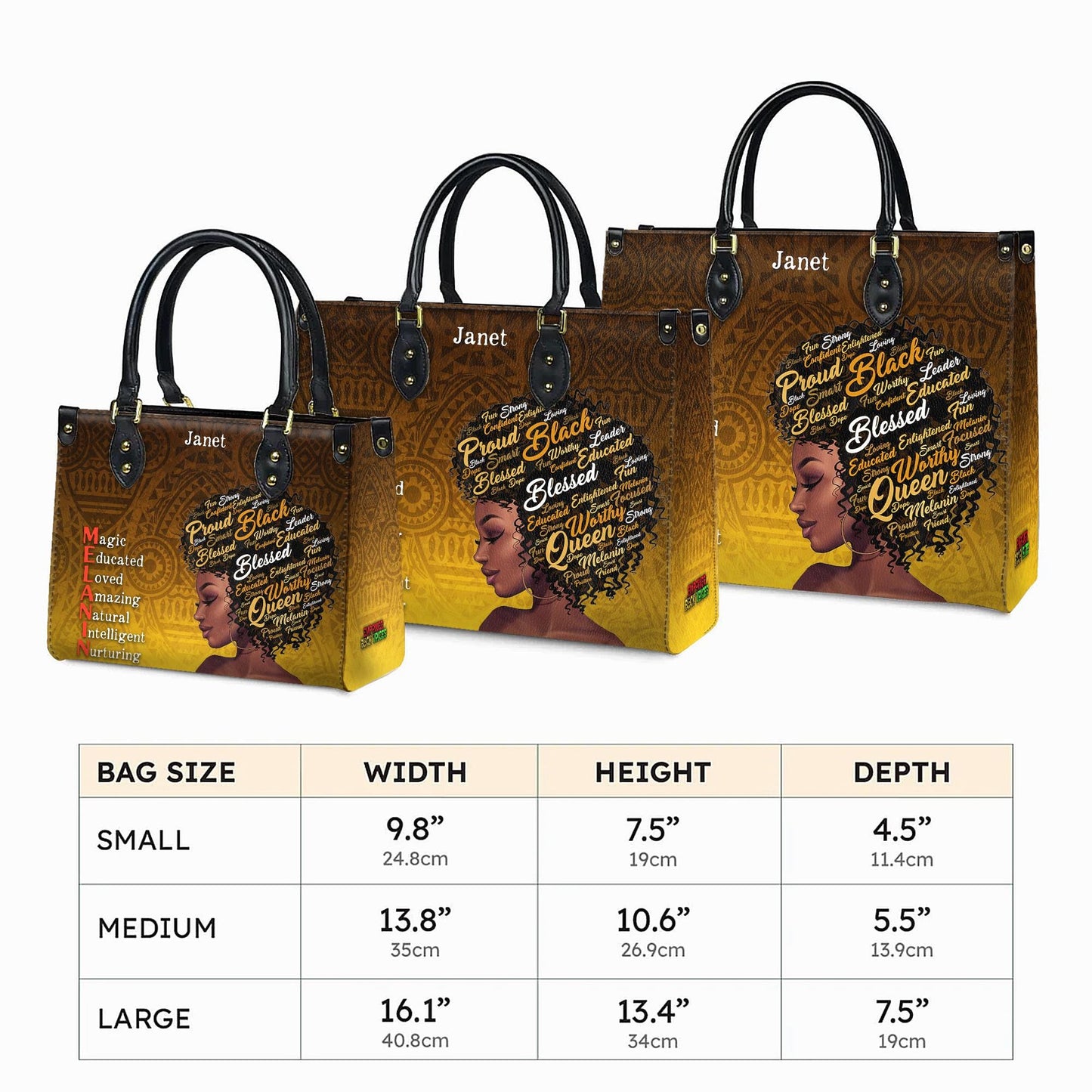 Empowering Melanin Queen Handbag with Afro Word Art | Personalized Custom Name Handbag for Women