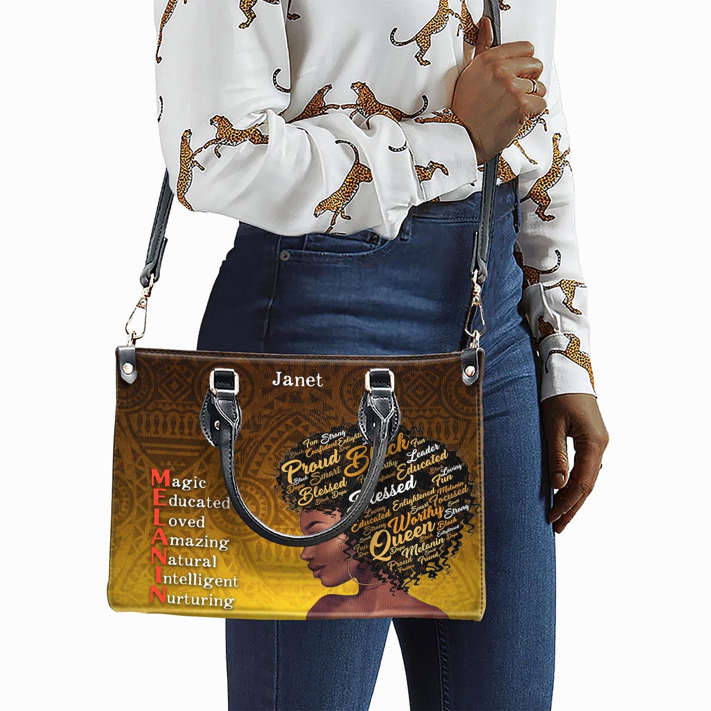 Empowering Melanin Queen Handbag with Afro Word Art | Personalized Custom Name Handbag for Women