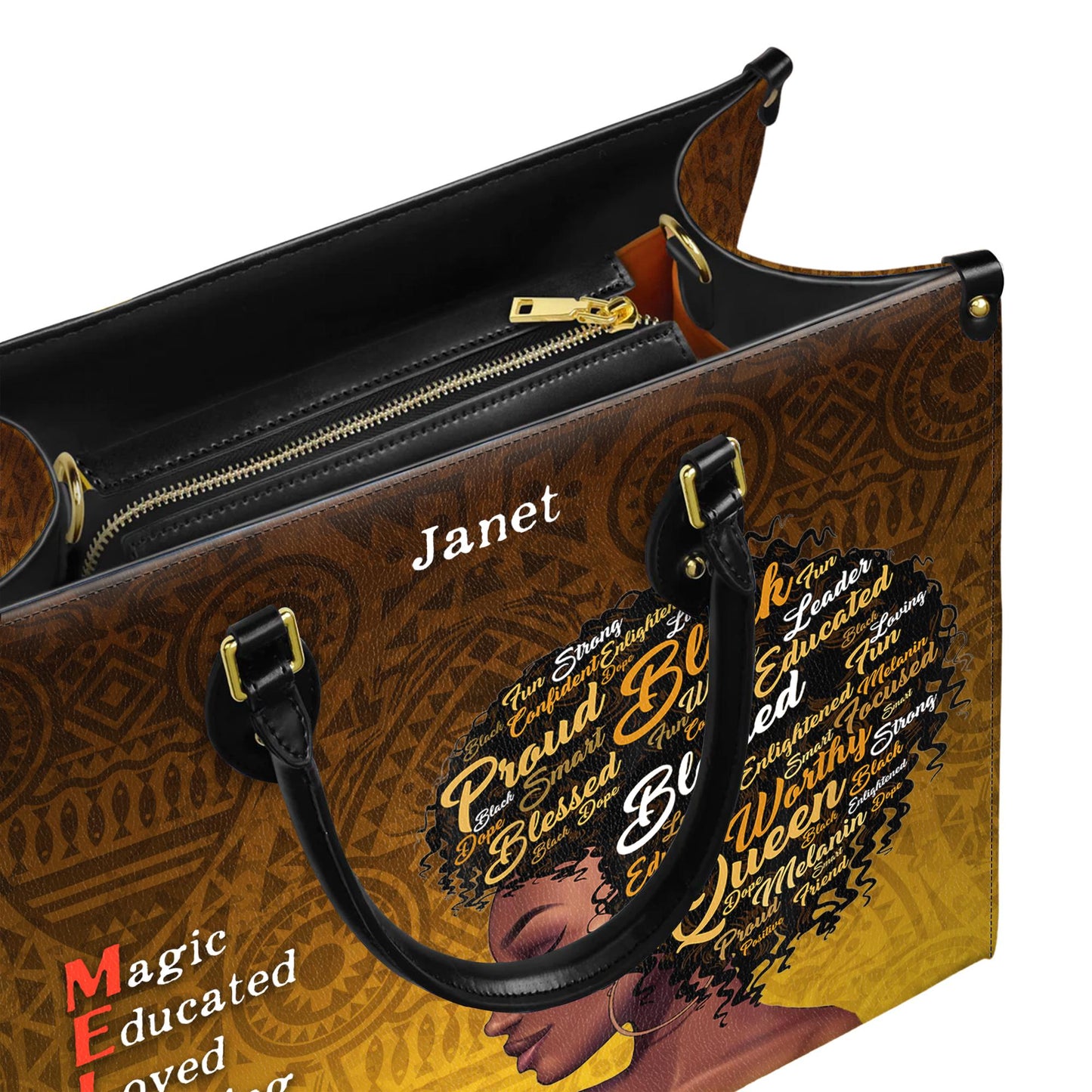 Empowering Melanin Queen Handbag with Afro Word Art | Personalized Custom Name Handbag for Women