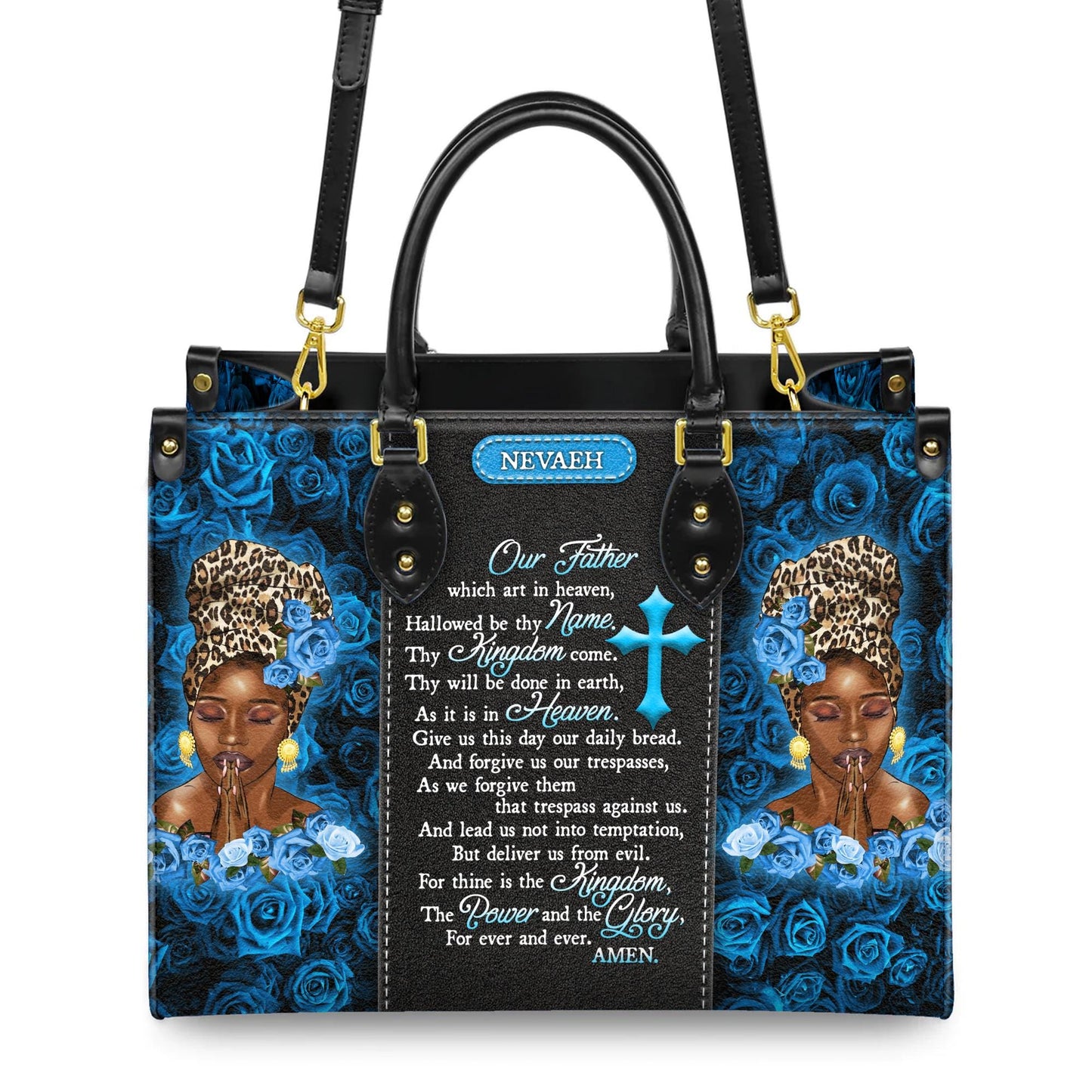 Unique Prayer Our Father Handbag Bag with Blue Roses | Custom Name Christian Handbag