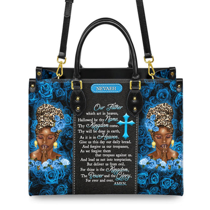 Unique Prayer Our Father Handbag Bag with Blue Roses | Custom Name Christian Handbag