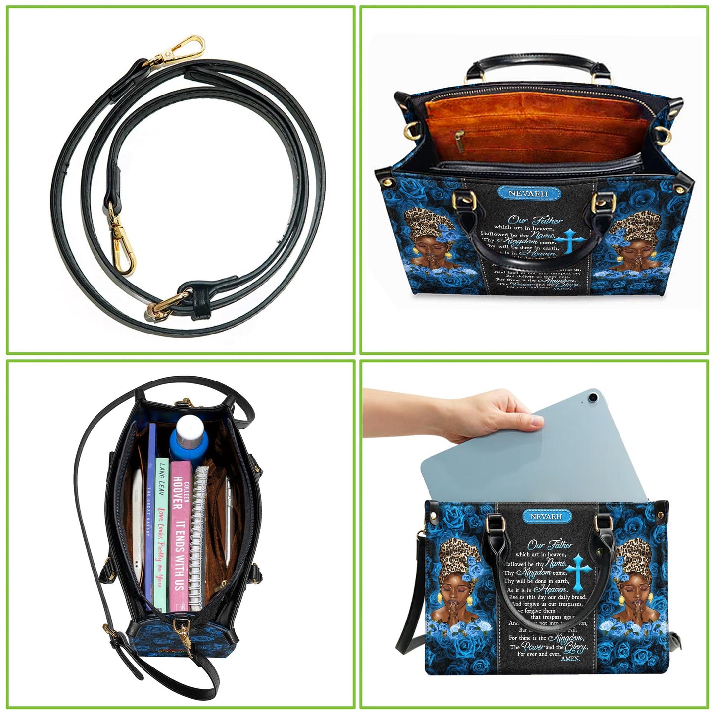 Unique Prayer Our Father Handbag Bag with Blue Roses | Custom Name Christian Handbag