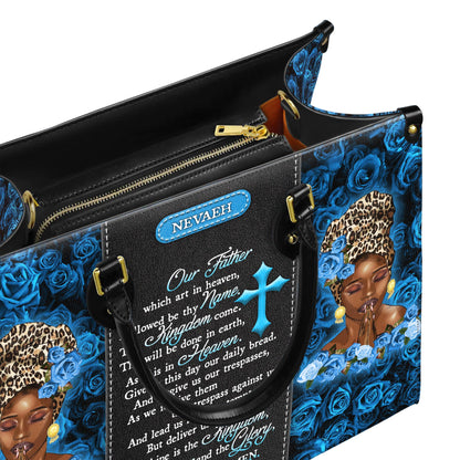 Unique Prayer Our Father Handbag Bag with Blue Roses | Custom Name Christian Handbag