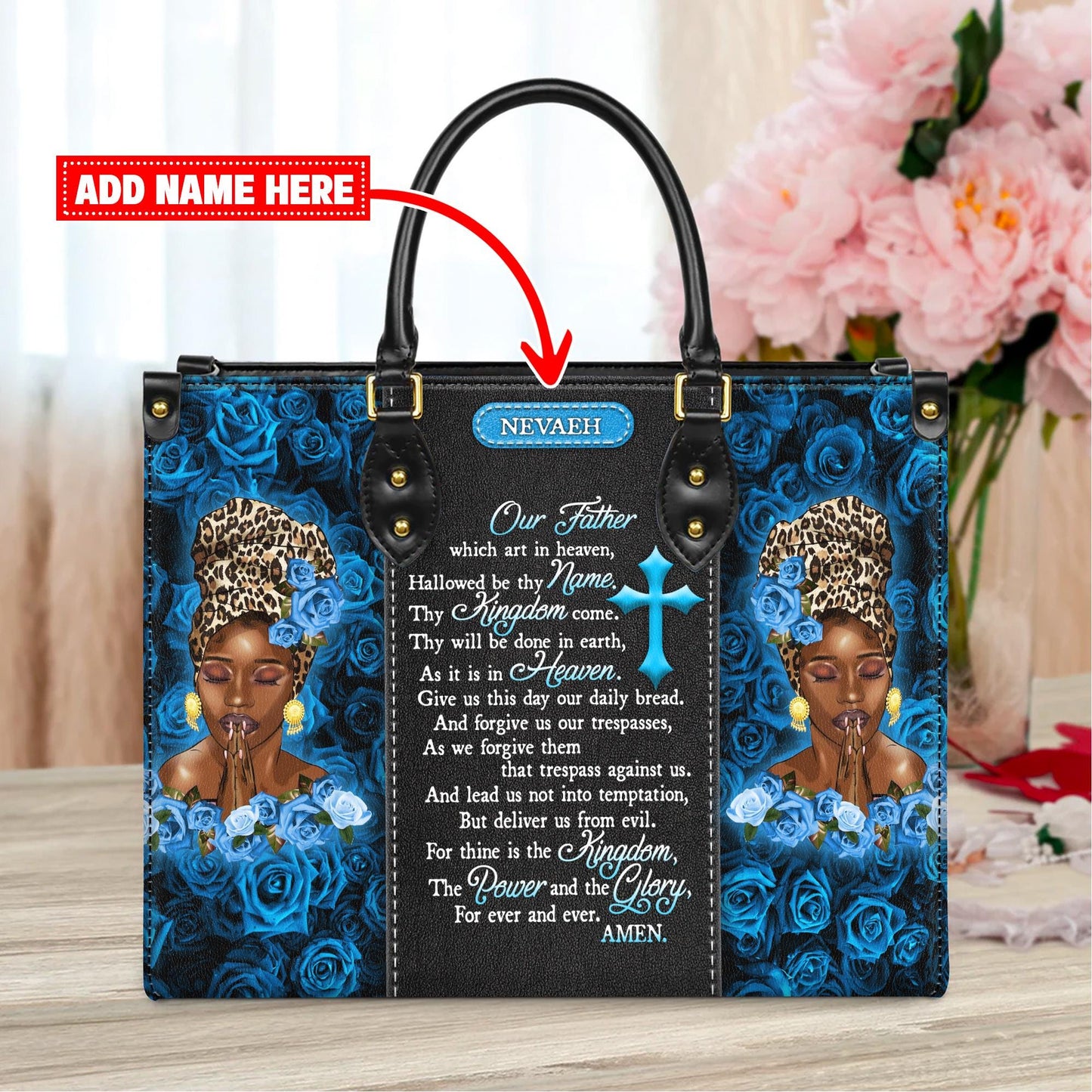 Unique Prayer Our Father Handbag Bag with Blue Roses | Custom Name Christian Handbag
