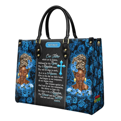 Unique Prayer Our Father Handbag Bag with Blue Roses | Custom Name Christian Handbag