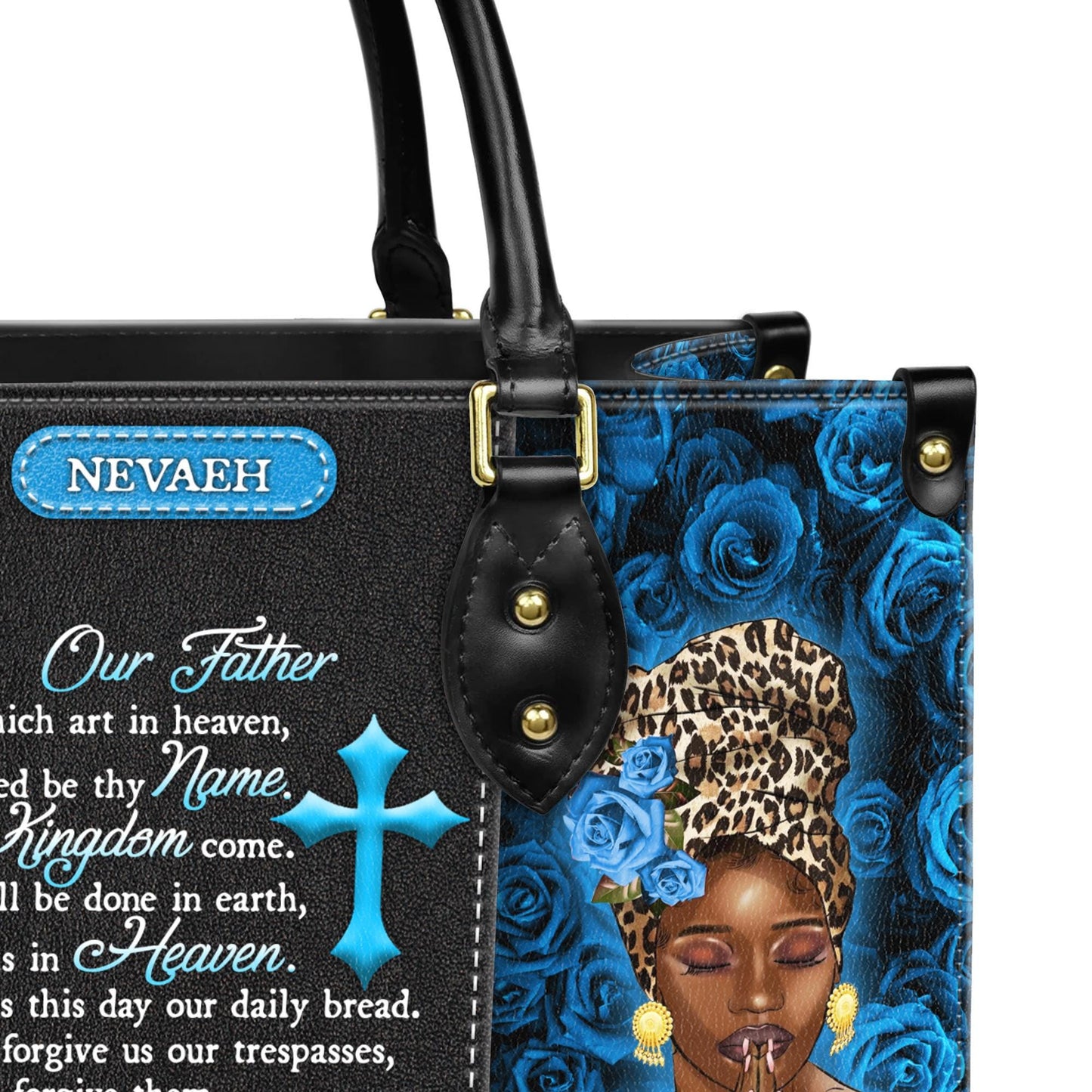Unique Prayer Our Father Handbag Bag with Blue Roses | Custom Name Christian Handbag