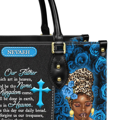 Unique Prayer Our Father Handbag Bag with Blue Roses | Custom Name Christian Handbag