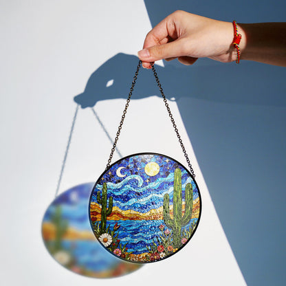 Desert Night Sky Cactus Landscape Colorful Suncatcher Window Hanging Gift for Nature Lover