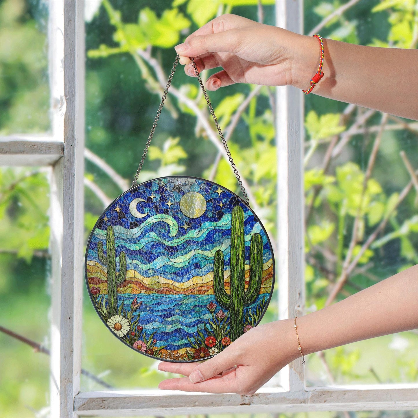 Desert Night Sky Cactus Landscape Colorful Suncatcher Window Hanging Gift for Nature Lover