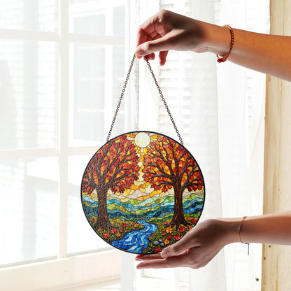 Autumn Trees River Flow Stained Glass Round Suncatcher Gift for Nature Lovers Home Decor