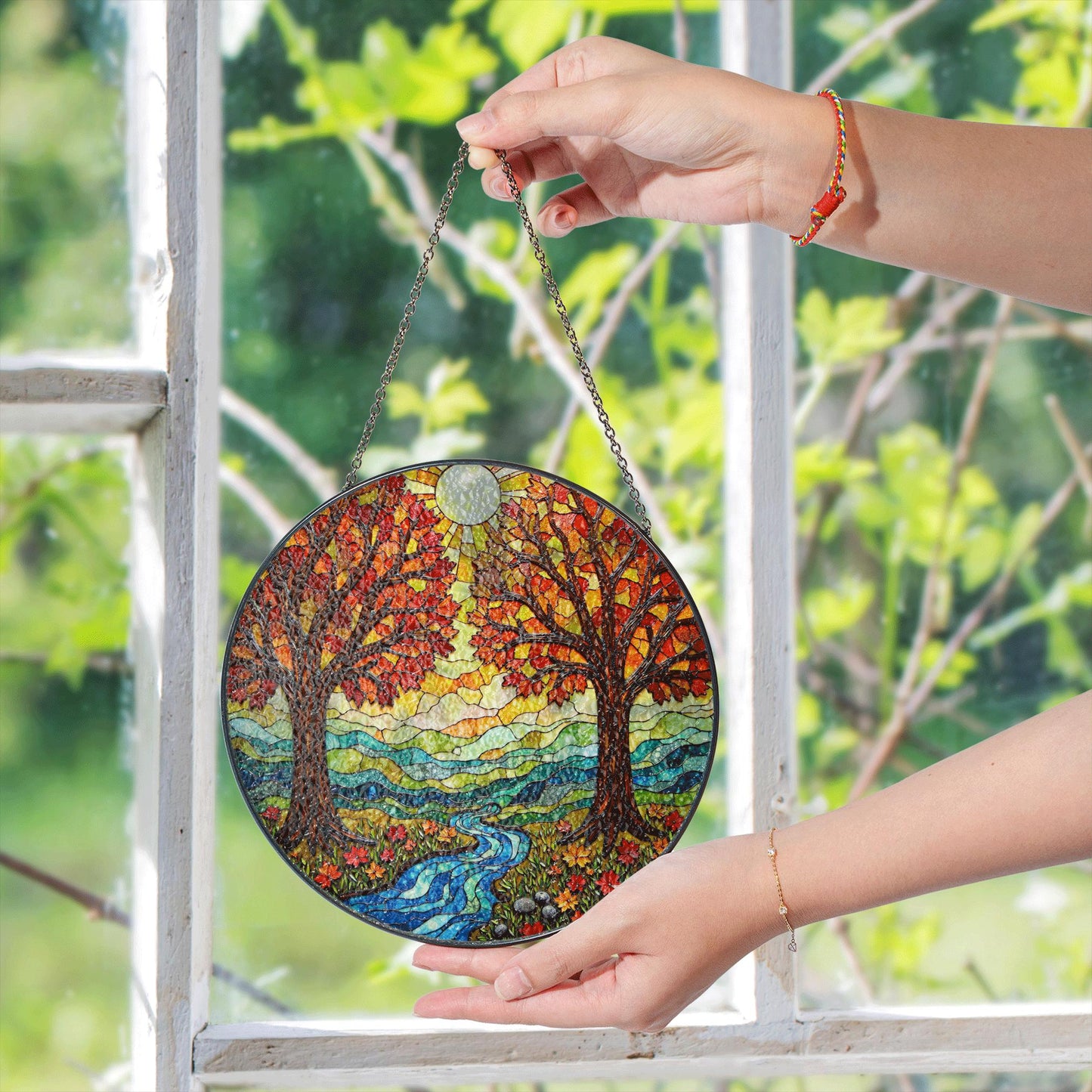 Autumn Trees River Flow Stained Glass Round Suncatcher Gift for Nature Lovers Home Decor