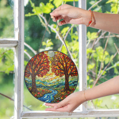 Autumn Trees River Flow Stained Glass Round Suncatcher Gift for Nature Lovers Home Decor