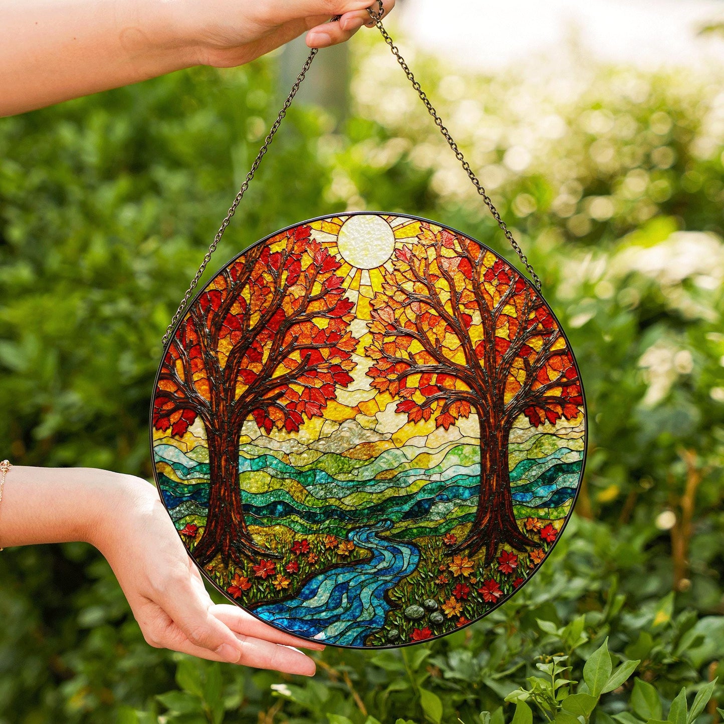 Autumn Trees River Flow Stained Glass Round Suncatcher Gift for Nature Lovers Home Decor