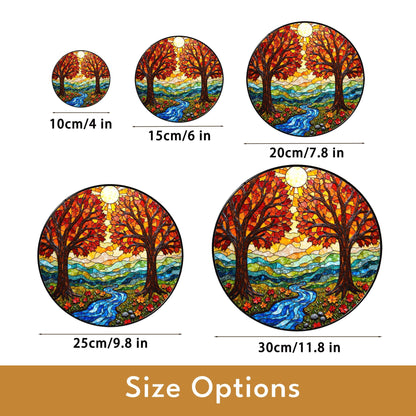 Autumn Trees River Flow Stained Glass Round Suncatcher Gift for Nature Lovers Home Decor