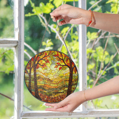 Autumn forest stained glass suncatcher sunlit trees fall landscape gift for nature lover window decoration
