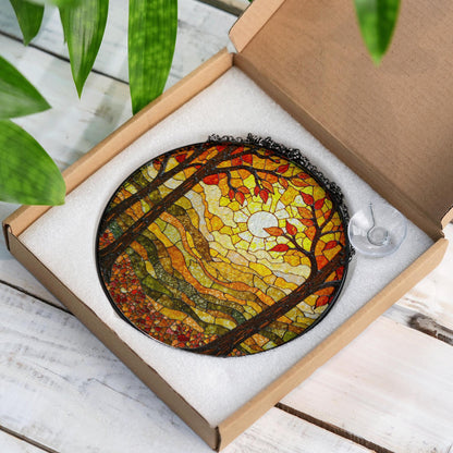 Autumn forest stained glass suncatcher sunlit trees fall landscape gift for nature lover window decoration