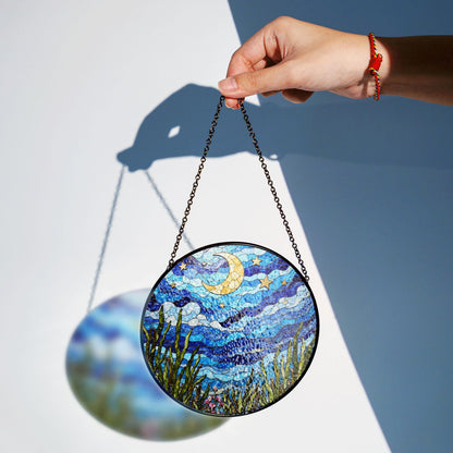 Crescent Moon Starry Sky Night Dream Suncatcher Stained Glass Window Decor Gift for Nature Lovers