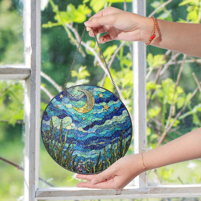 Crescent Moon Starry Sky Night Dream Suncatcher Stained Glass Window Decor Gift for Nature Lovers