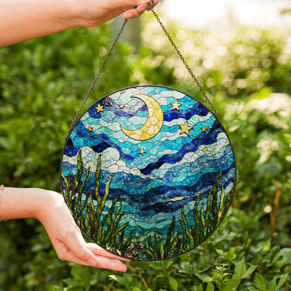 Crescent Moon Starry Sky Night Dream Suncatcher Stained Glass Window Decor Gift for Nature Lovers
