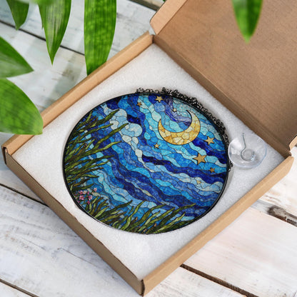 Crescent Moon Starry Sky Night Dream Suncatcher Stained Glass Window Decor Gift for Nature Lovers