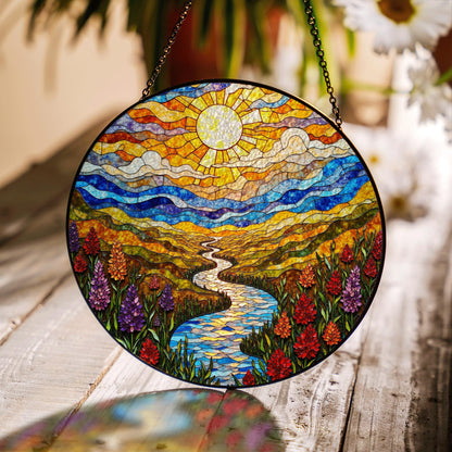 Colorful Mountain River Landscape Suncatcher Glass Art for Nature Lover Gift