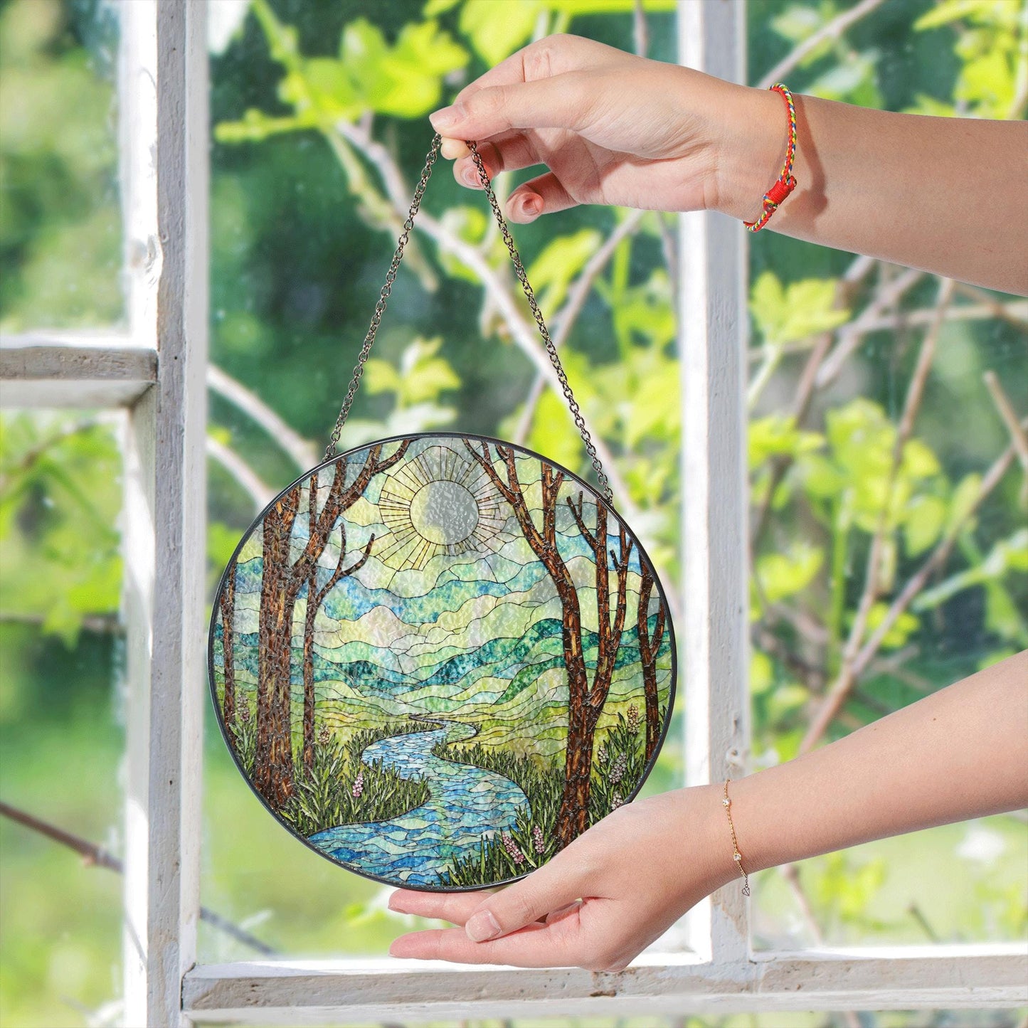 Handcrafted River Valley Landscape Suncatcher Stained Glass Window Decor Gift for Nature Lovers
