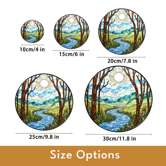 Handcrafted River Valley Landscape Suncatcher Stained Glass Window Decor Gift for Nature Lovers