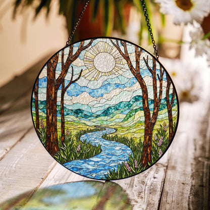 Handcrafted River Valley Landscape Suncatcher Stained Glass Window Decor Gift for Nature Lovers
