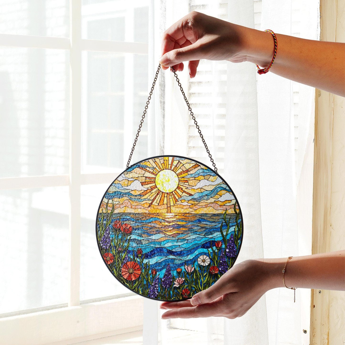 Vibrant wildflower meadow and ocean wave stained glass suncatcher summer window decor gift for nature lovers
