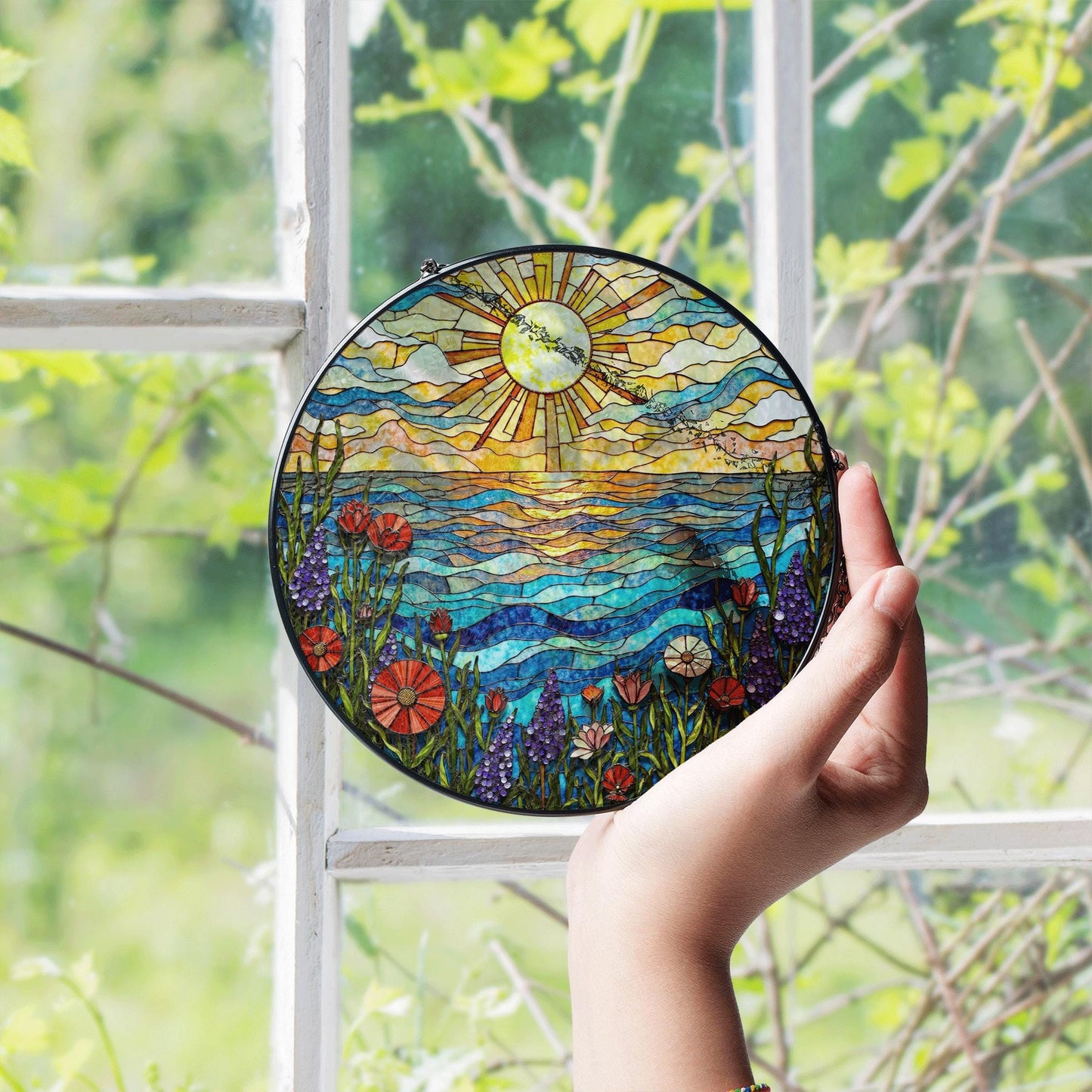 Vibrant wildflower meadow and ocean wave stained glass suncatcher summer window decor gift for nature lovers