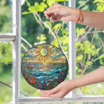 Vibrant wildflower meadow and ocean wave stained glass suncatcher summer window decor gift for nature lovers