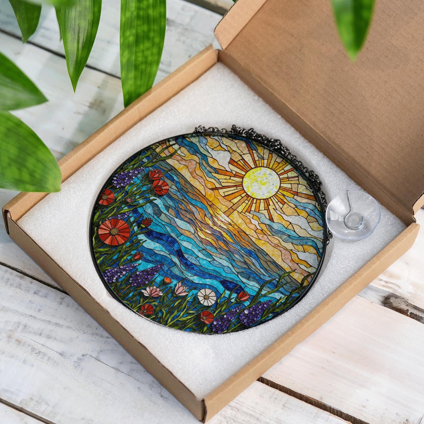 Vibrant wildflower meadow and ocean wave stained glass suncatcher summer window decor gift for nature lovers